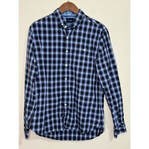 7Diamonds Men's Shirt M Blue Black Plaid Long Sleeve Casual Button 100% Cotton